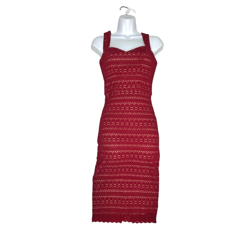 Dress the Population Nicole Red Lace Sleeveless Midi Dress Garnet XS